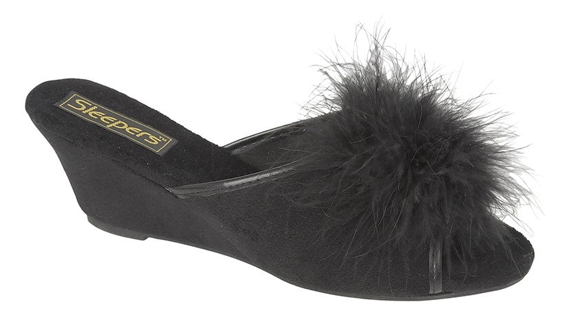 Sleepers LS857A Ladies Jewelled Rosette Boa Mule Slipper - Shoe Store Direct