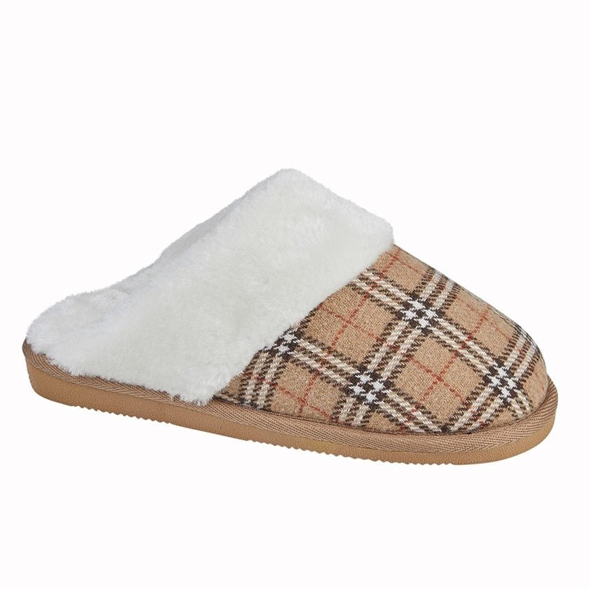 Sleepers LS858BE Ladies Check Cuff Mule Slipper - Shoe Store Direct